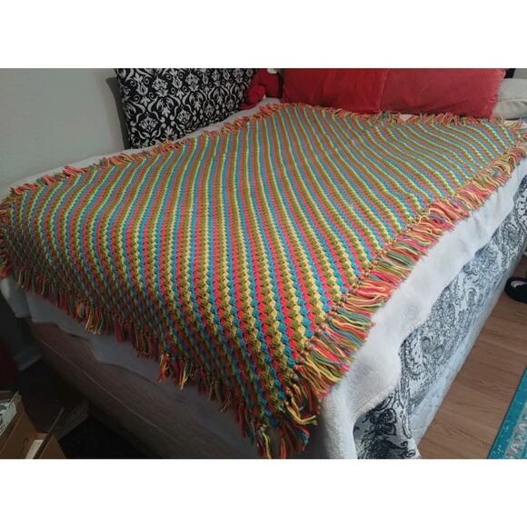 Vintage Handmade Crochet Afghan Blanket Blue Green Pink Yellow Neon 68”x 51" - Picture 9 of 13